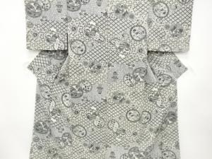 縮緬地　切りばめ風　絵皿に風景・花模様　小紋着物